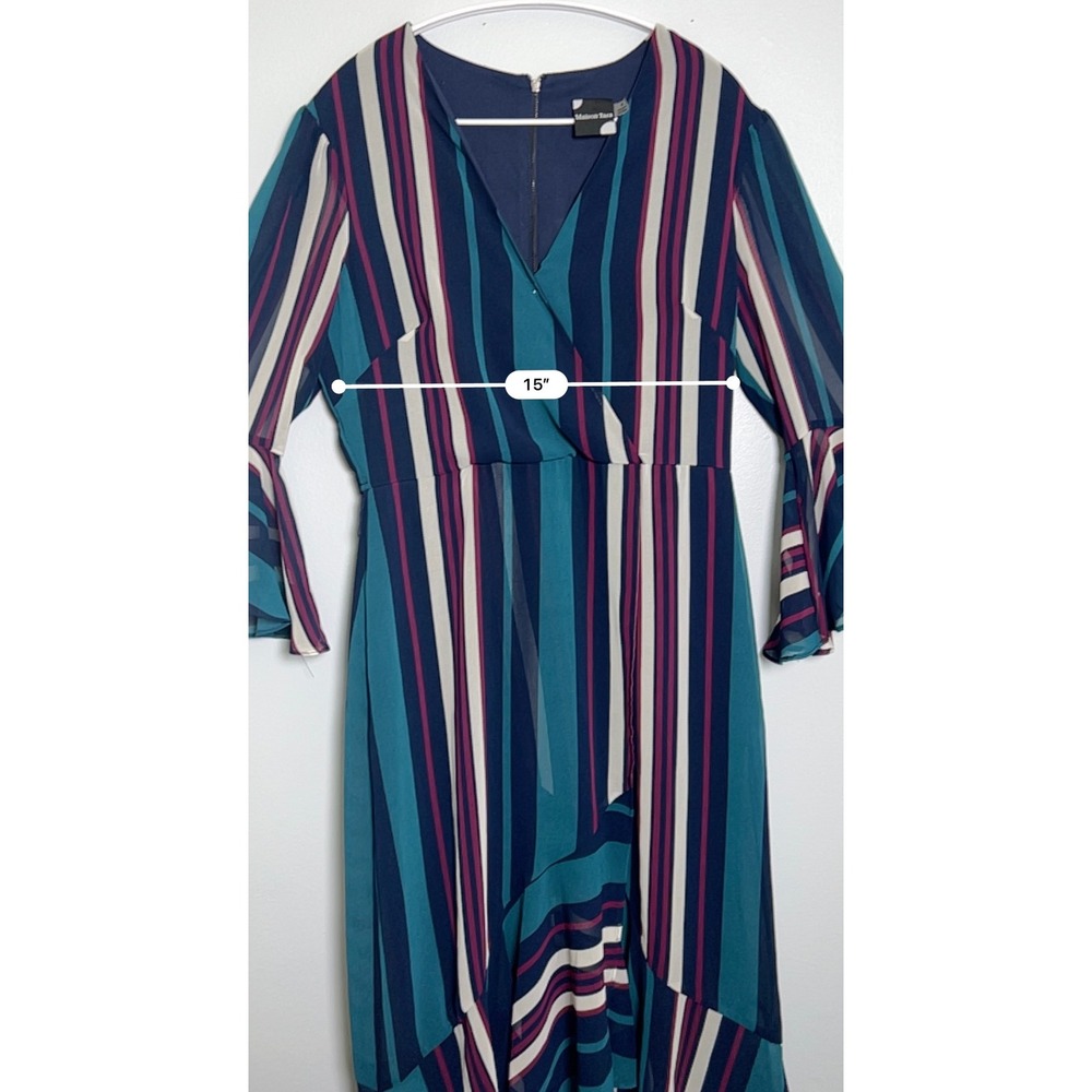 Maison Tara Womens Striped Faux Wrap Midi Dress Teal Navy Bell Sleeve Size 8 - Picture 5 of 11